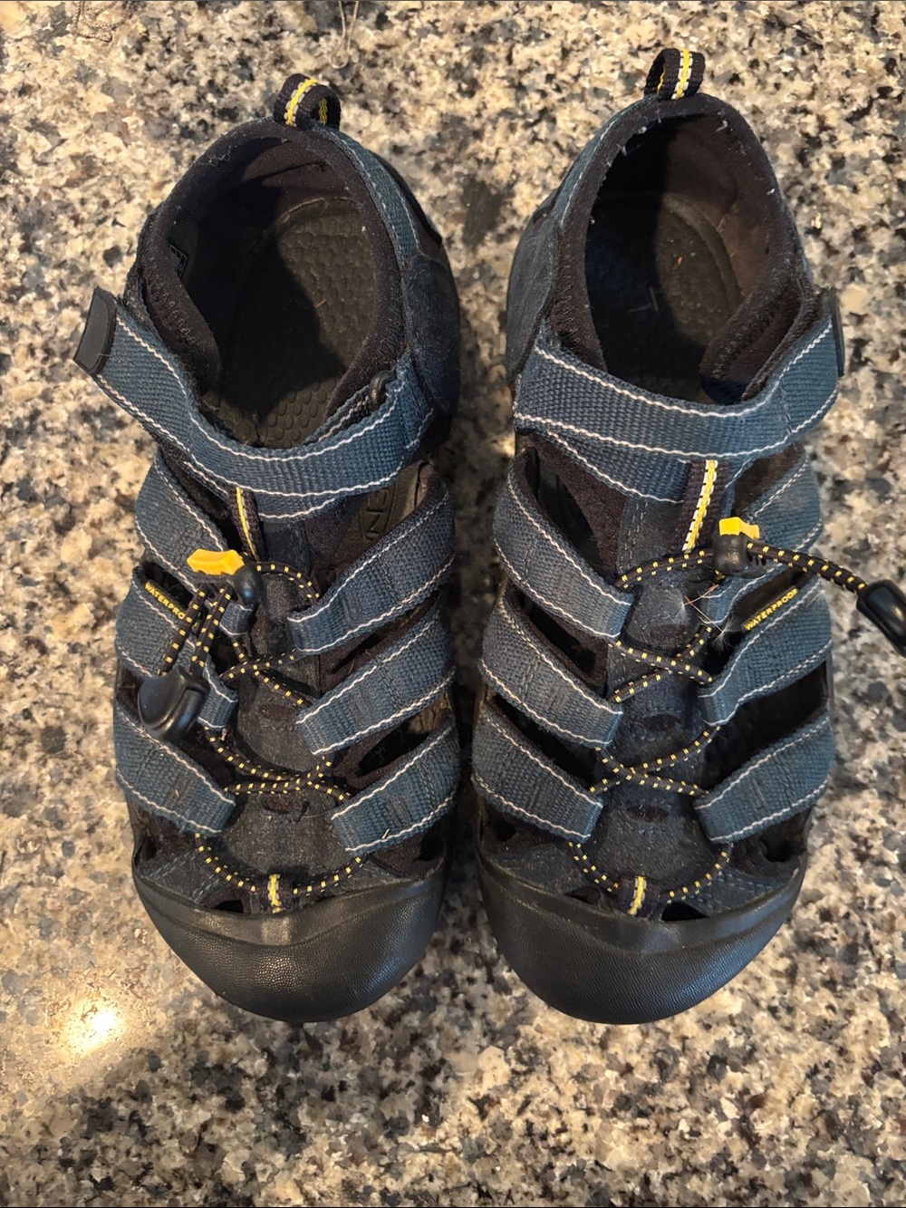 Keen Men's Navy Blue and Black Strappy Outdoor Sandals with Yellow Accents